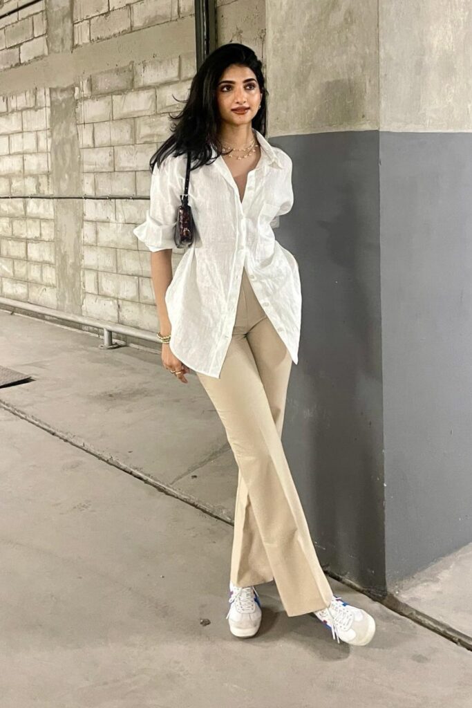 White Oversized Shirt and Beige Trousers