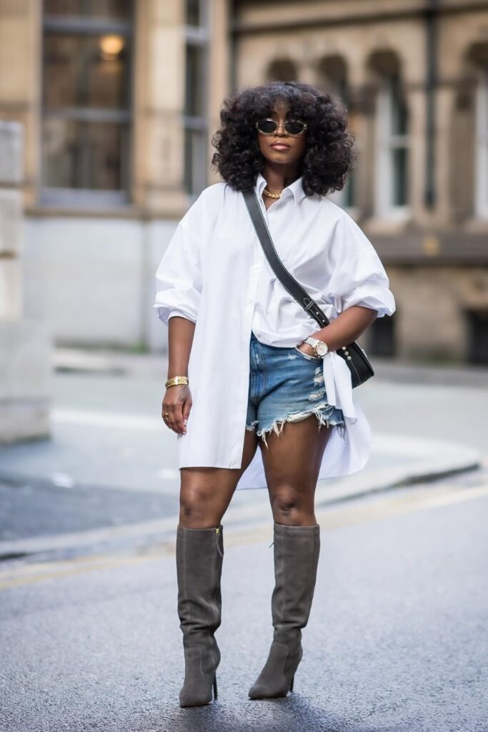 Oversized shirt, Denim Shorts and Knee-High Boots