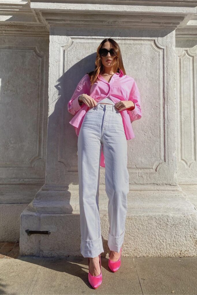 Pink Shirt and White Jeans