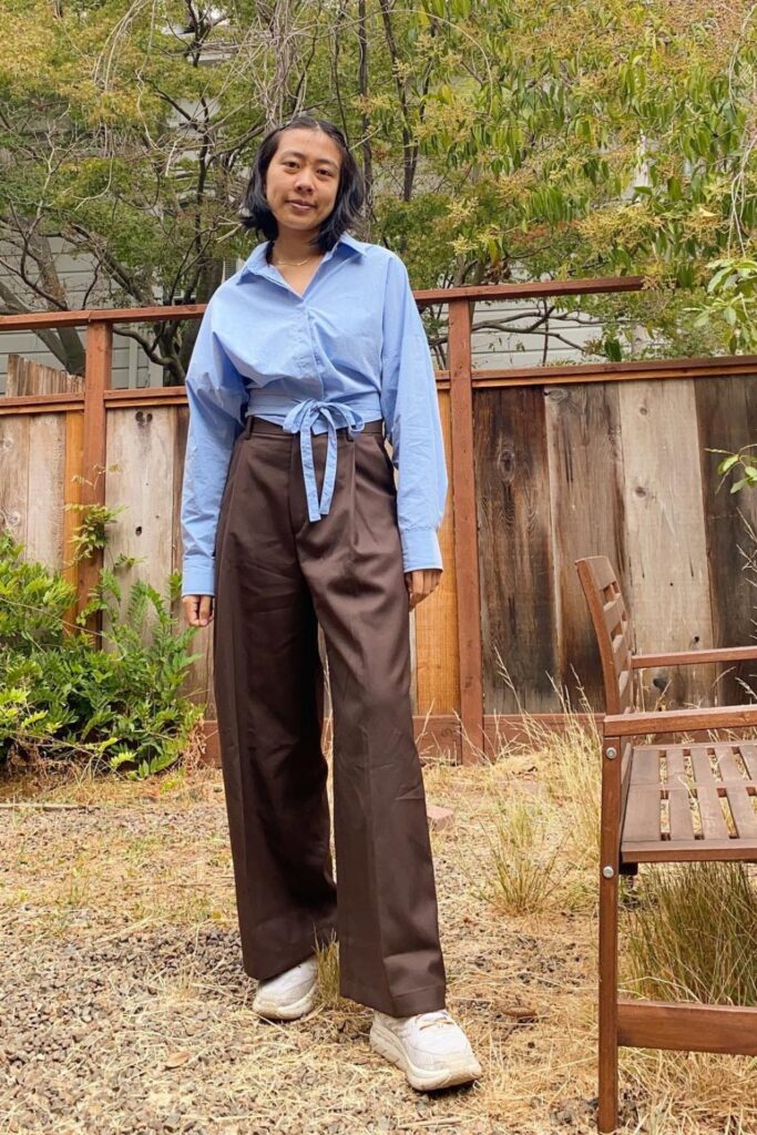 Spring Fresh: Light Blue Blouse and Brown Trousers