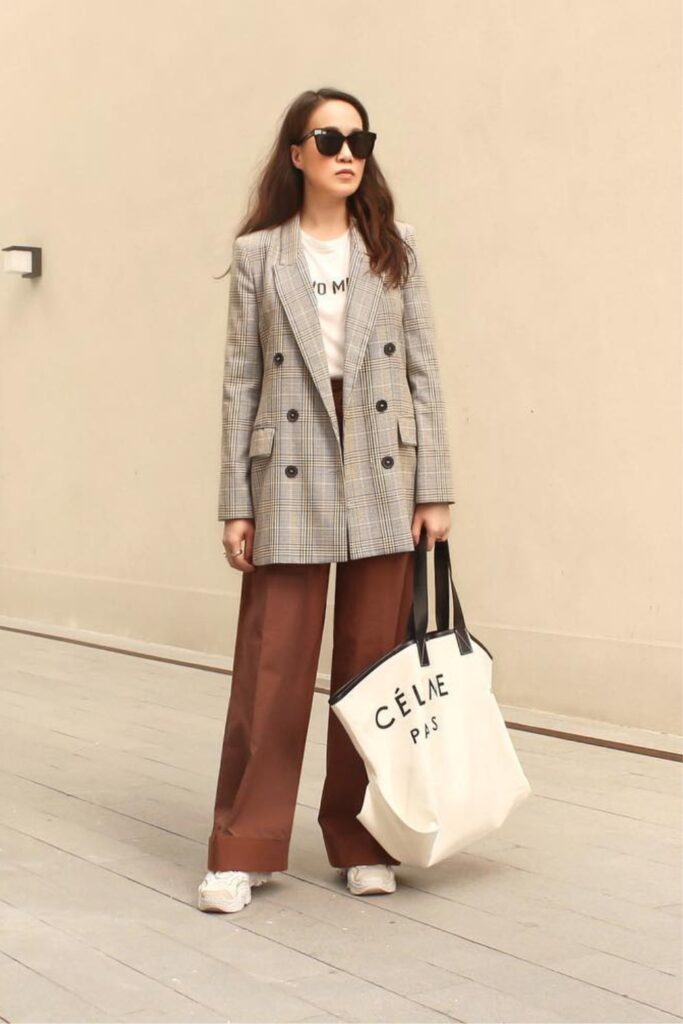 Street Style Cool: Plaid Blazer and Wide-Leg Trousers