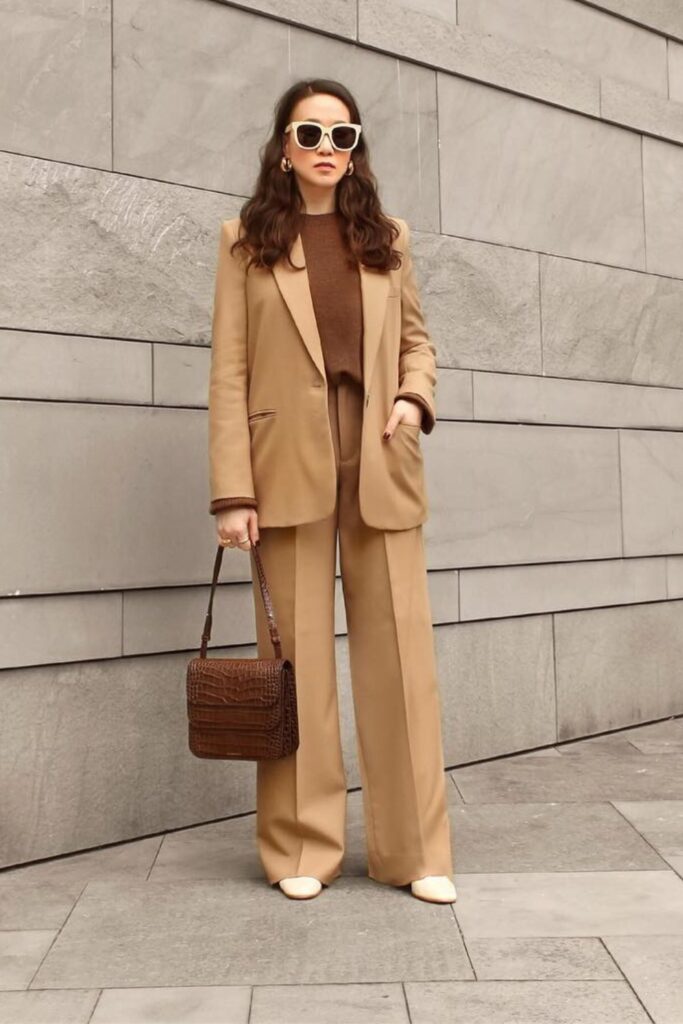 Monochromatic Elegance: Camel Suit with Brown Accents