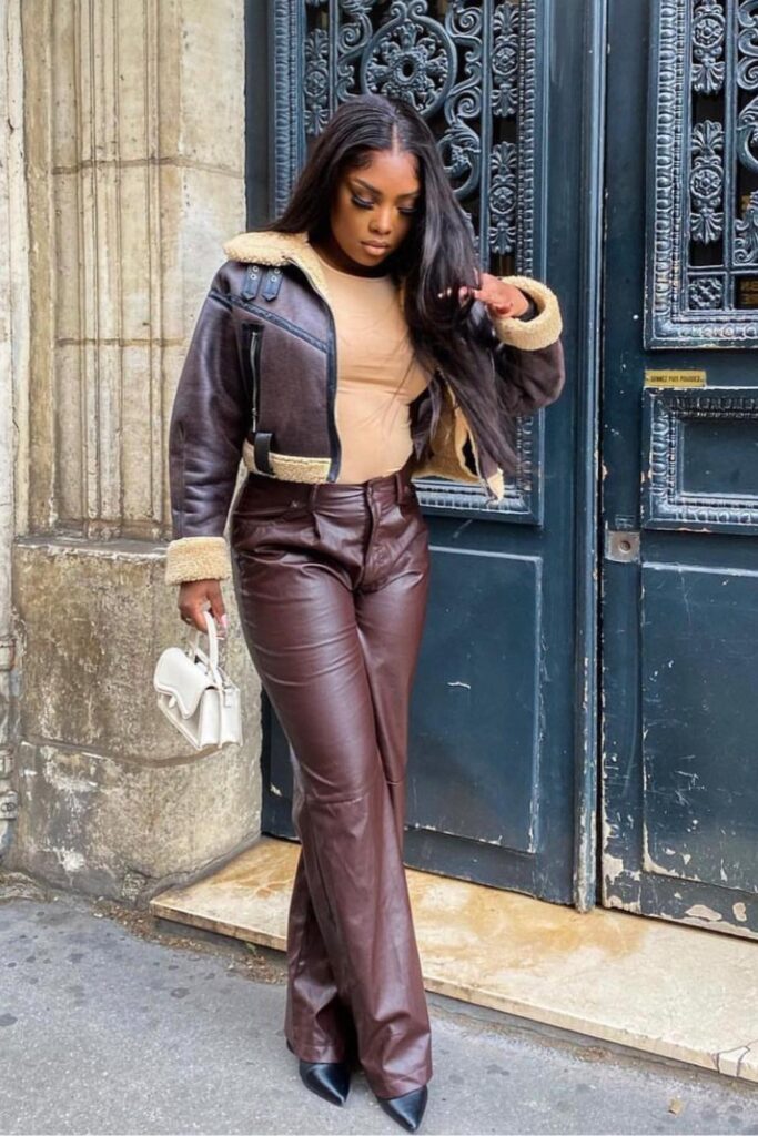 Edgy Elegance: Brown Leather on Leather