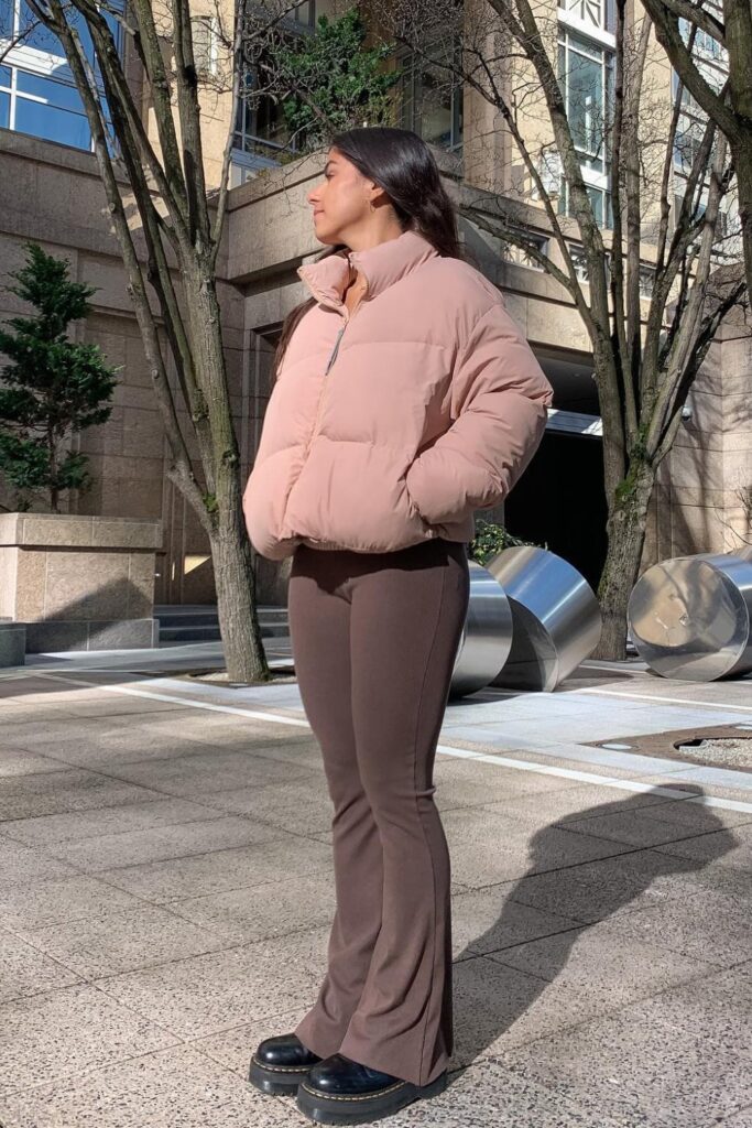 Pop of Color: Brown Pants and Pink Puffer