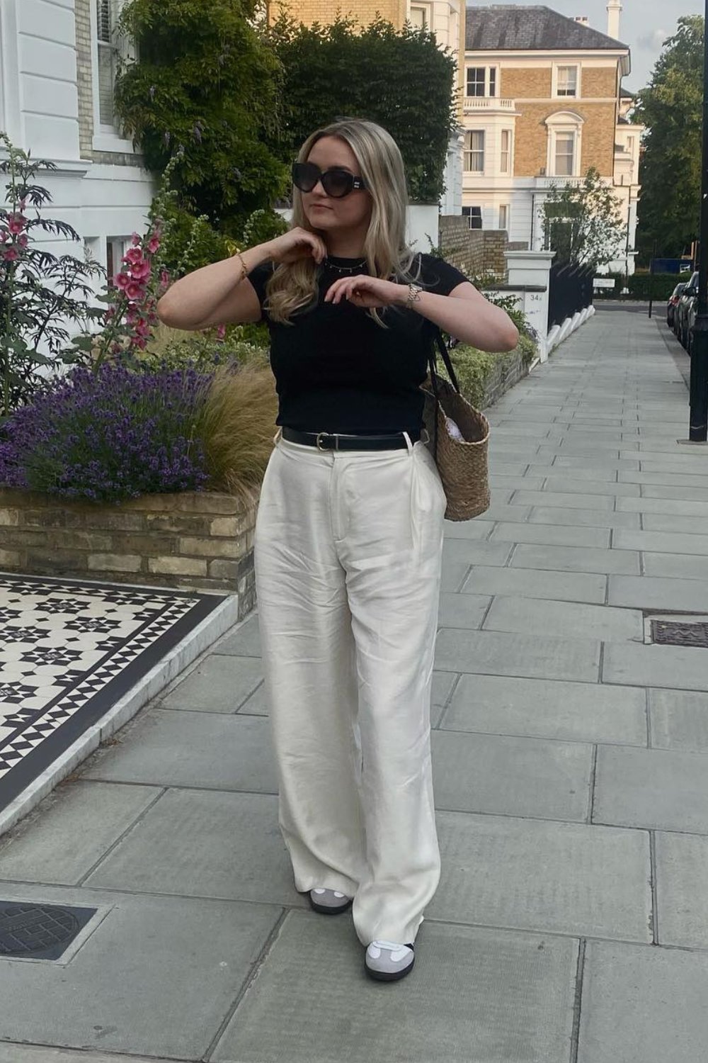 Black Tee and White Wide-Leg Trousers