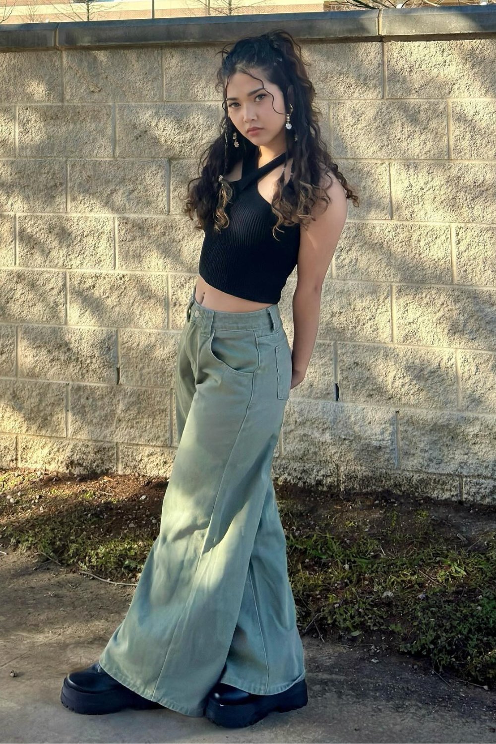 Black Ribbed Crop Top and Sage Pants