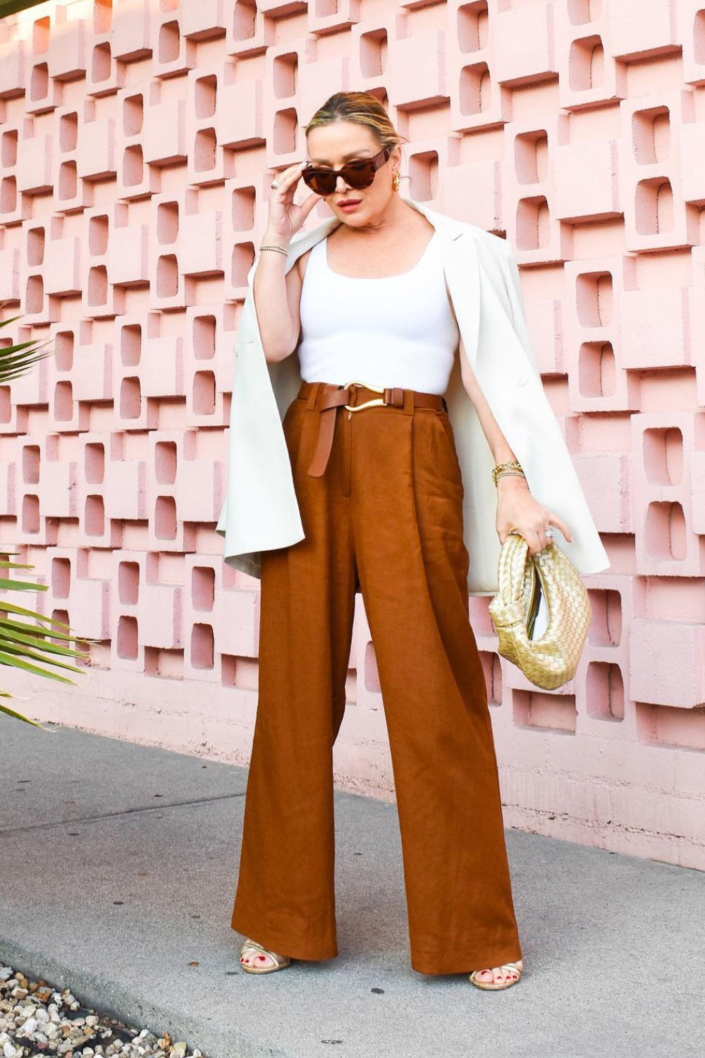 White Crop Top and Rust Pants