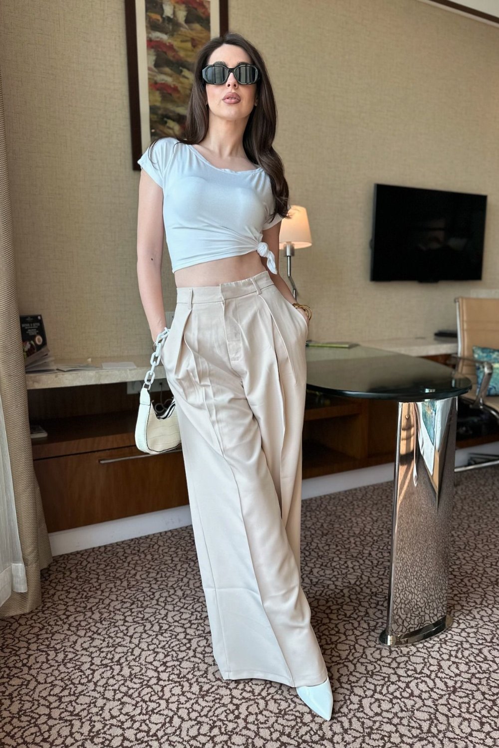 White Knotted Crop Top and Cream Trousers