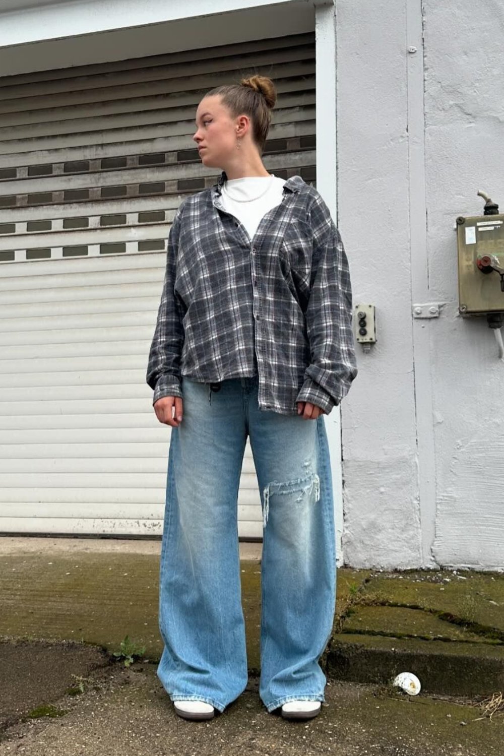 Plaid Button Up, White Turtleneck, and Light Wash Jeans