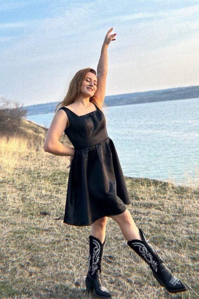 Black Dress with Tall Cowboy Boots