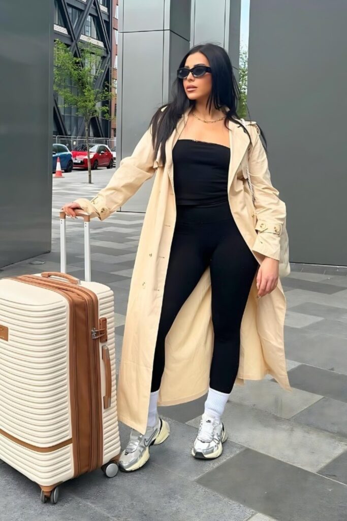 Beige Coat, Black Top, and Leggings