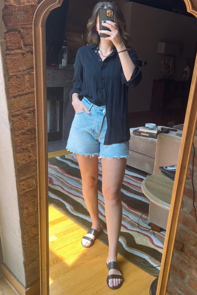 Loose Black Shirt + Light Wash Denim Shorts