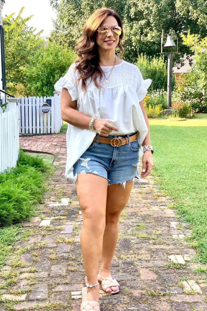 Eyelet Ruffle Top + Distressed Denim Shorts