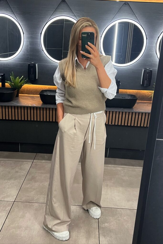 Palazzo Pants Outfit: Preppy Chic in Sweater Vest and Button-Up