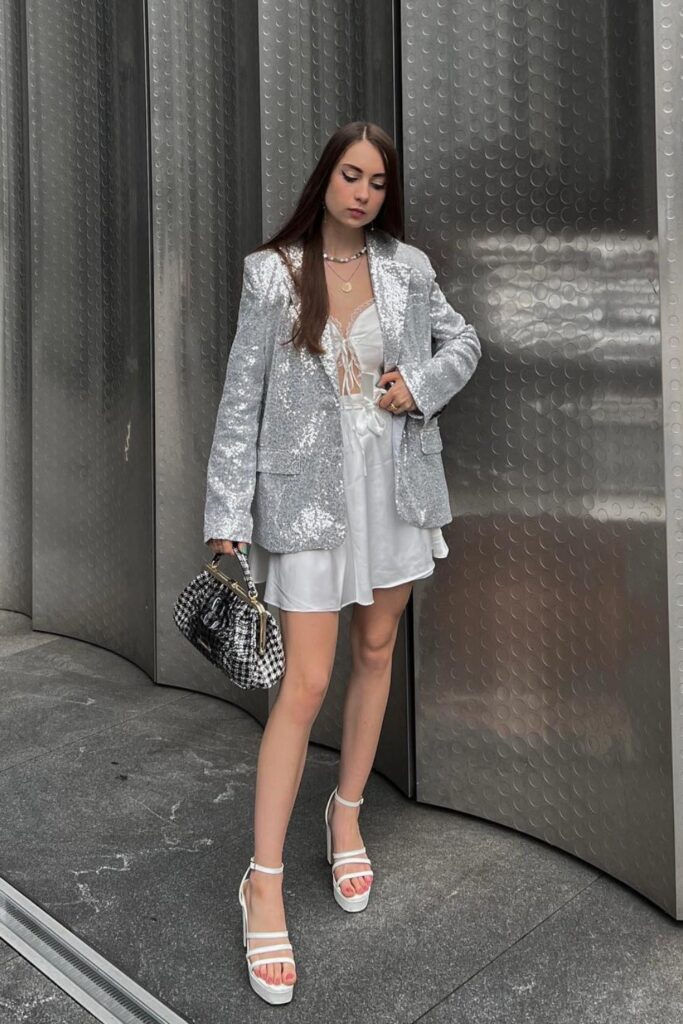 Sequined Blazer and White Dress