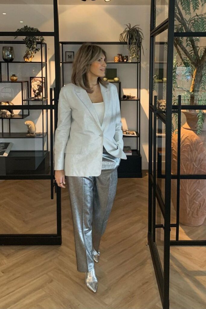 Power Suit: White Blazer and Silver Pants