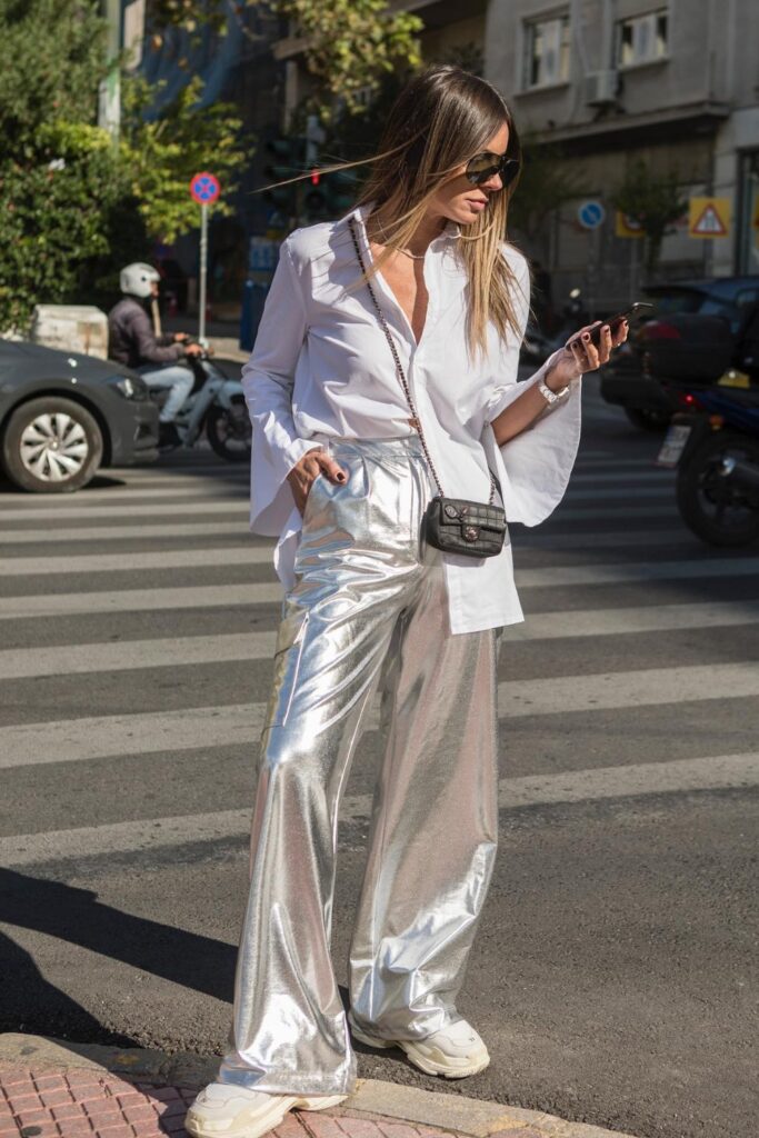 Classic with a Twist: Button-Down and Metallic Pants