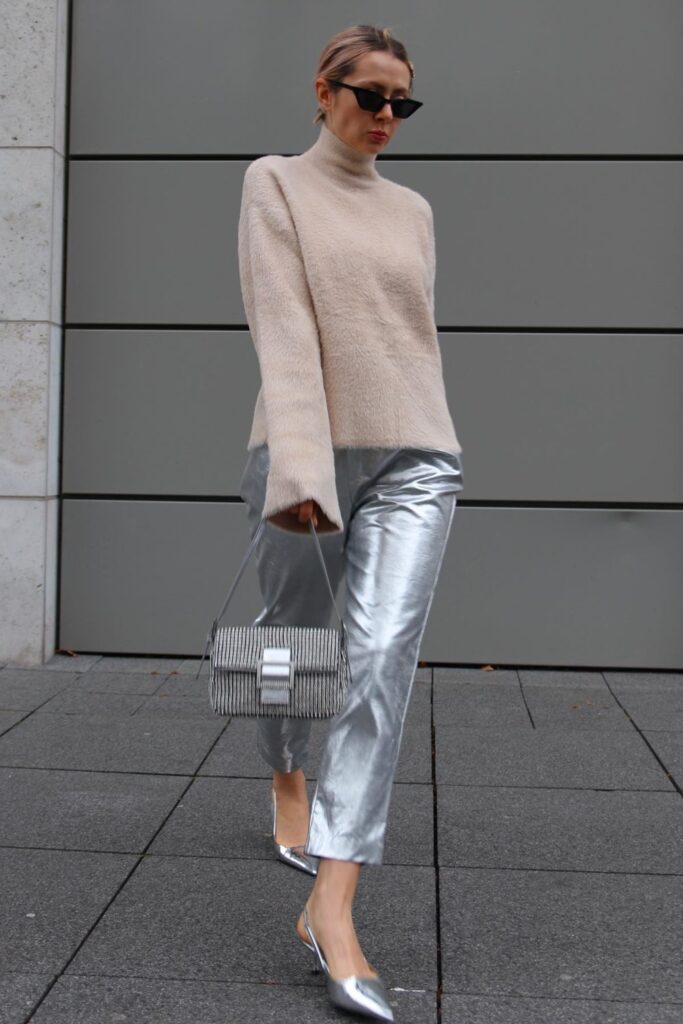 Cozy Chic: Fuzzy Sweater and Silver Pants