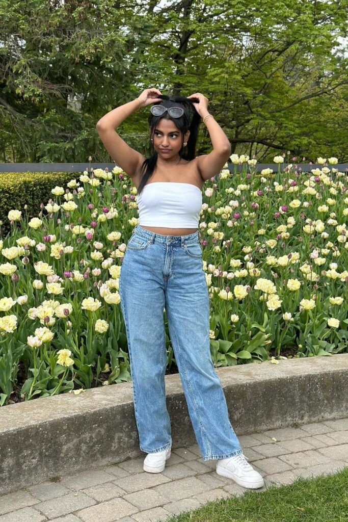 Strapless Top and Sneakers