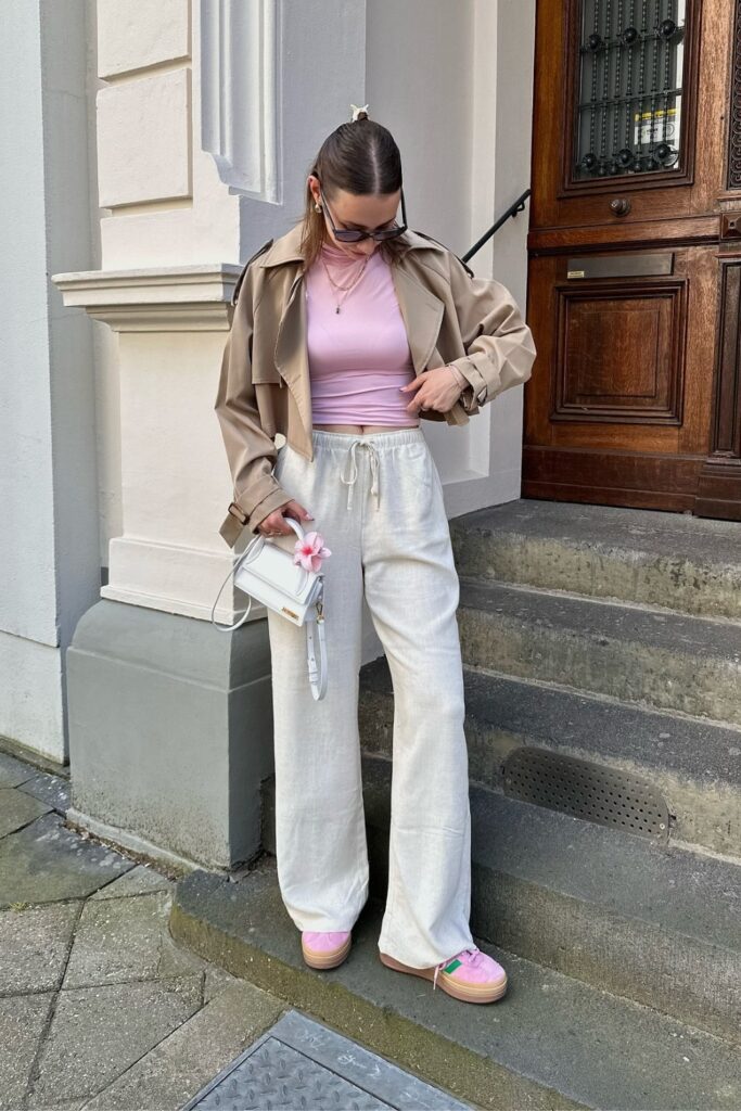 Pink Top and Beige Trench