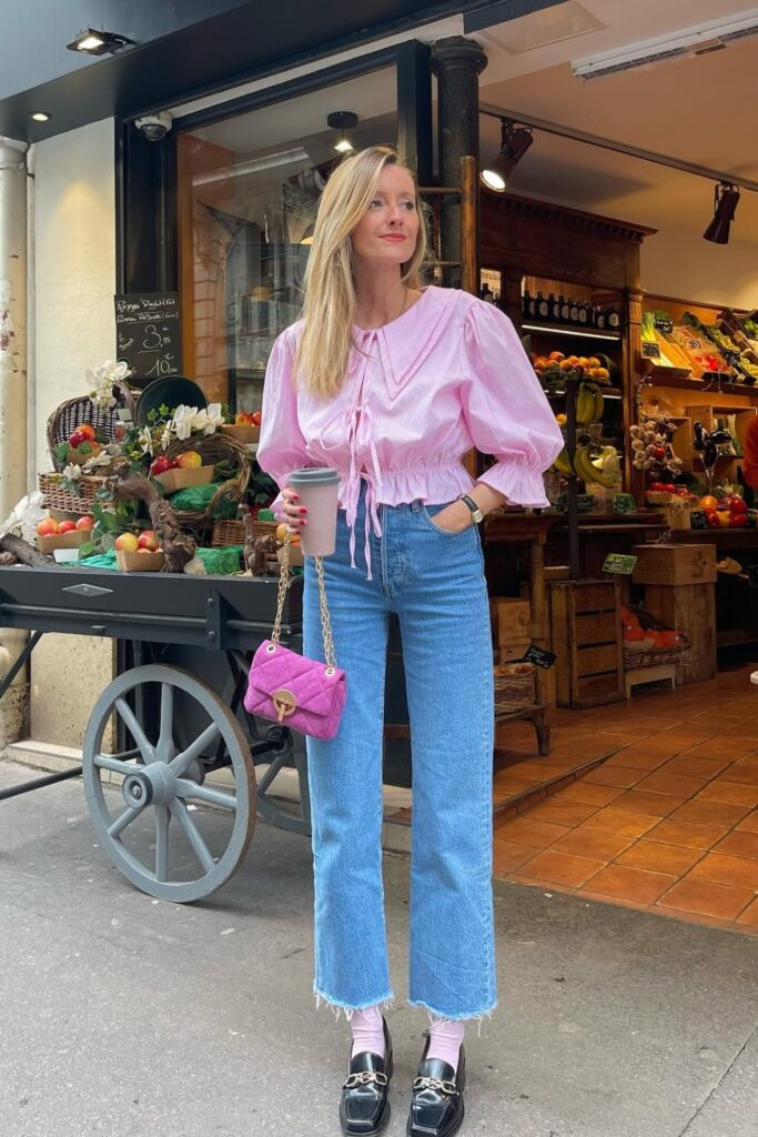 Pink Puff-Sleeved Blouse and Jeans