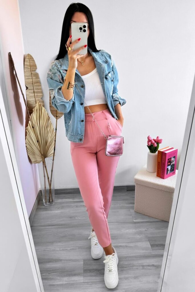 White Crop Top and Pink Trousers with Denim Jacket