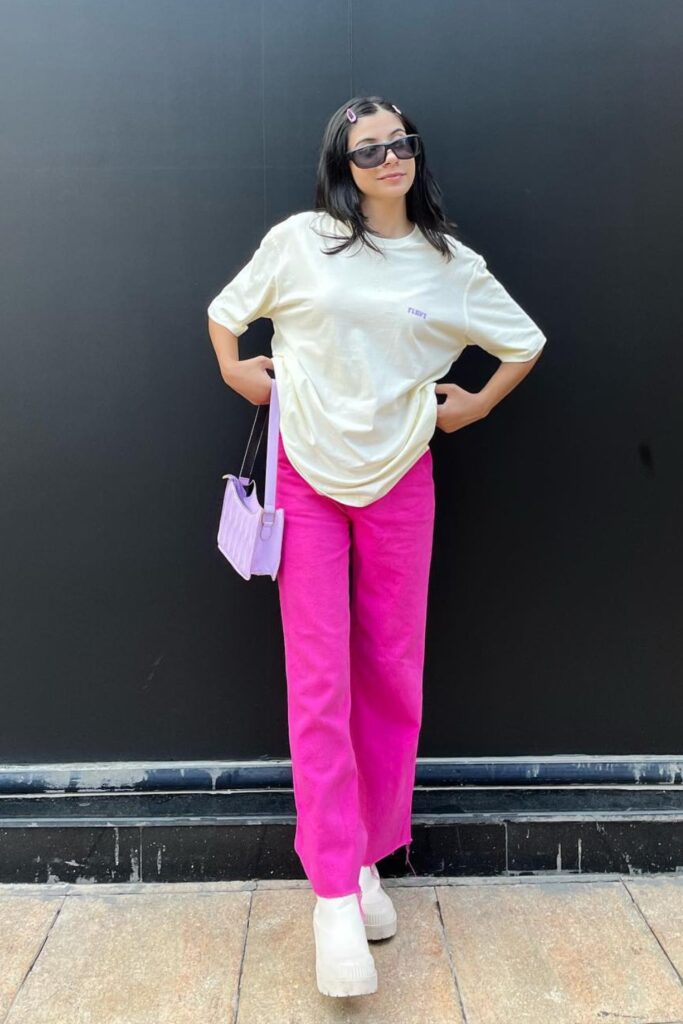 White Tee and Bright Pink Pants