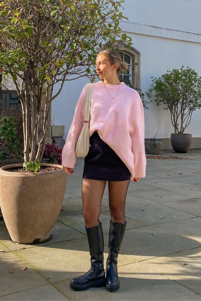 Oversized Pink Sweater and Mini Skirt