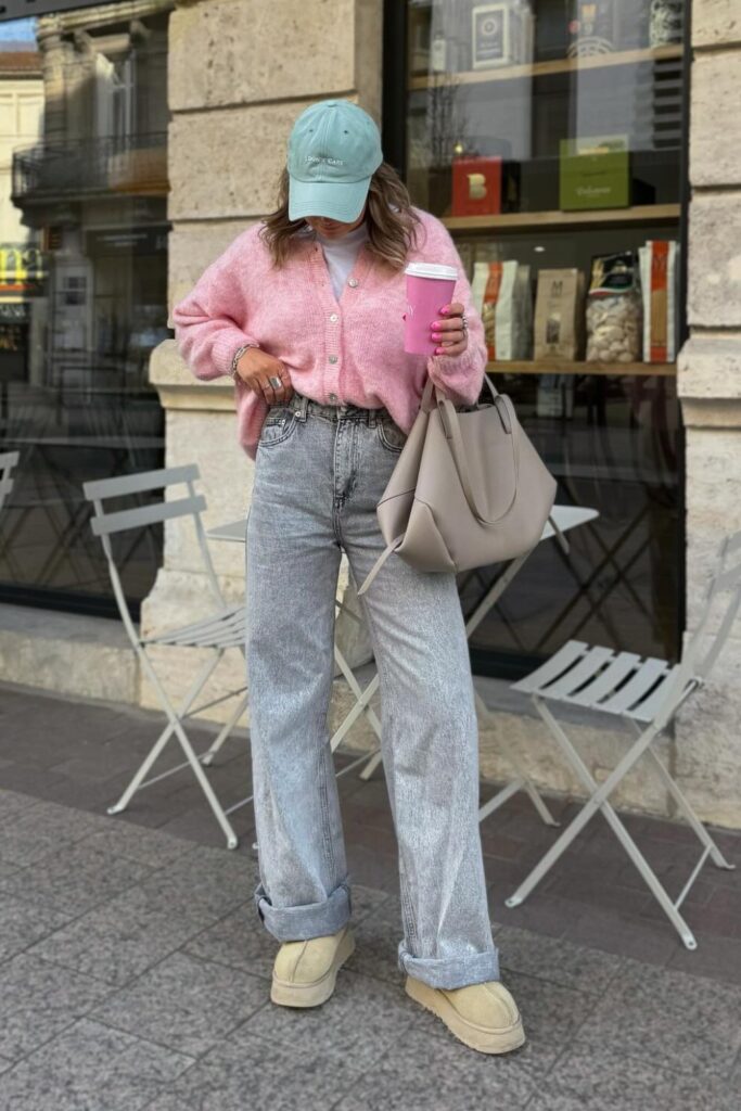 Pink Fuzzy Cardigan and Baggy Jeans