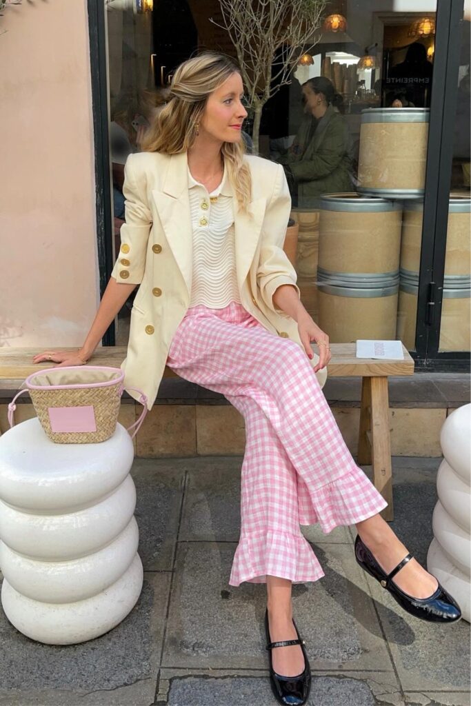 Cream Blazer and Pink Gingham Pants