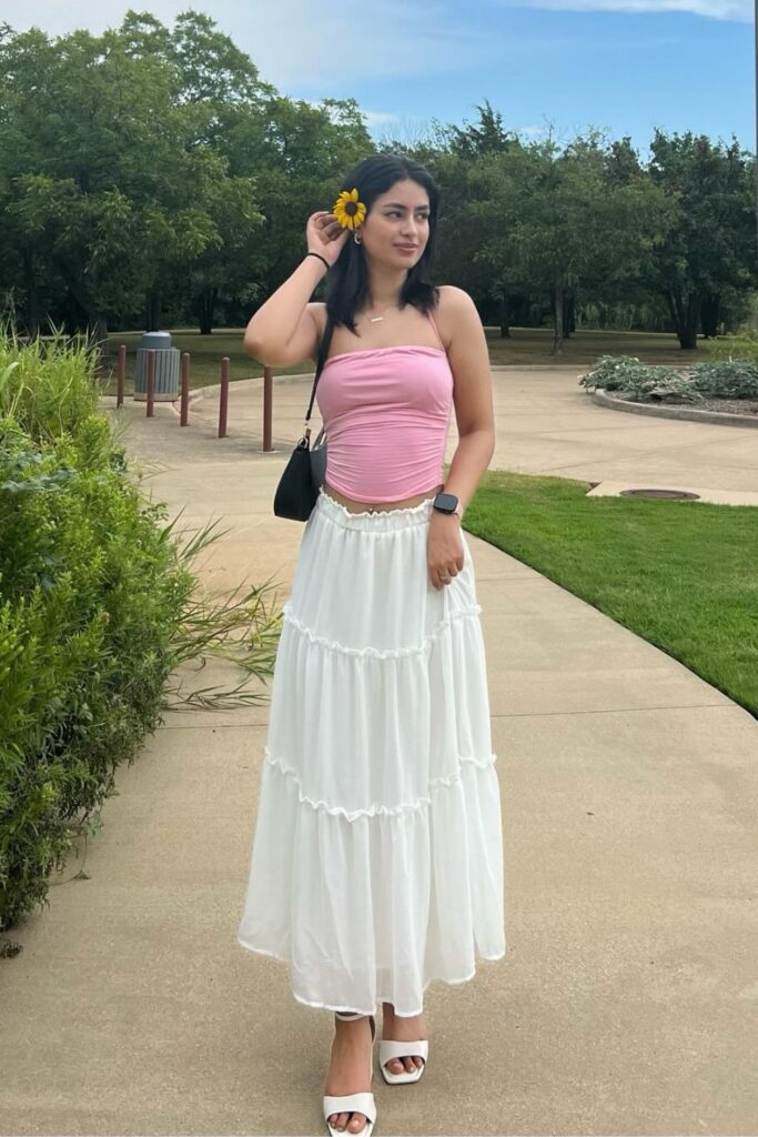 Pink Tube Top and White Maxi Skirt