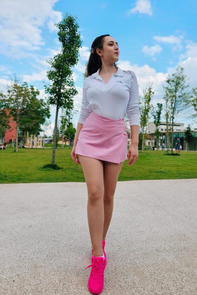 White Collared Top and Pink Skirt