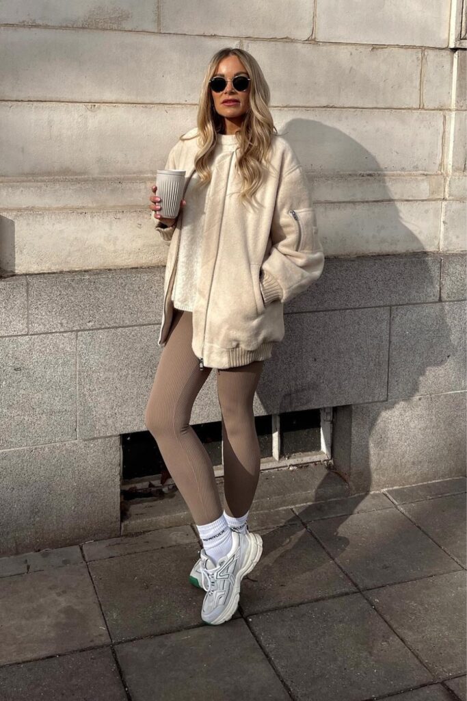 Cream Hoodie and Tan Leggings