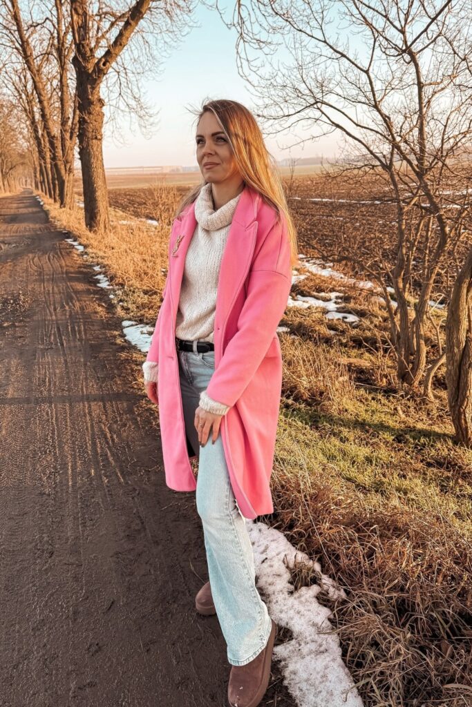 Pink Oversized Coat and White Turtleneck